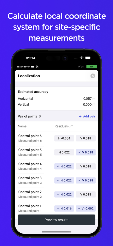 Emlid Flow app localization screen showing point residuals and horizontal accuracy