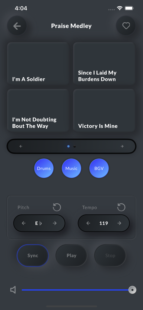 Whoop Triggerz Plus app interface showing a praise medley with gospel song buttons and music controls for pitch and tempo