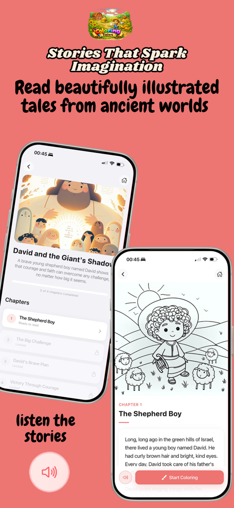 ColoringTales - Interfaz de la aplicación ColoringTales que muestra historias históricas ilustradas y páginas interactivas para colorear para niños
