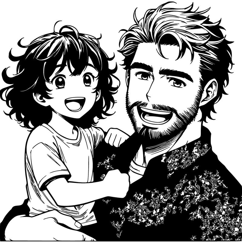 manga character male dad with a beard and curly short cut hair holding his 6 year old daughter with medium length hair being happy