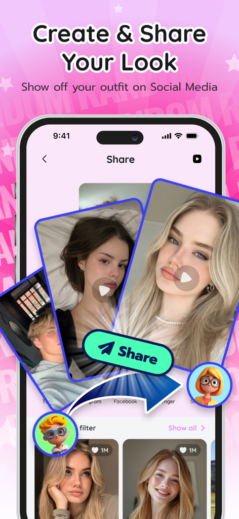 Random Filter: Lovely Tap - App screen showing the share feature for trendy look filters on social media