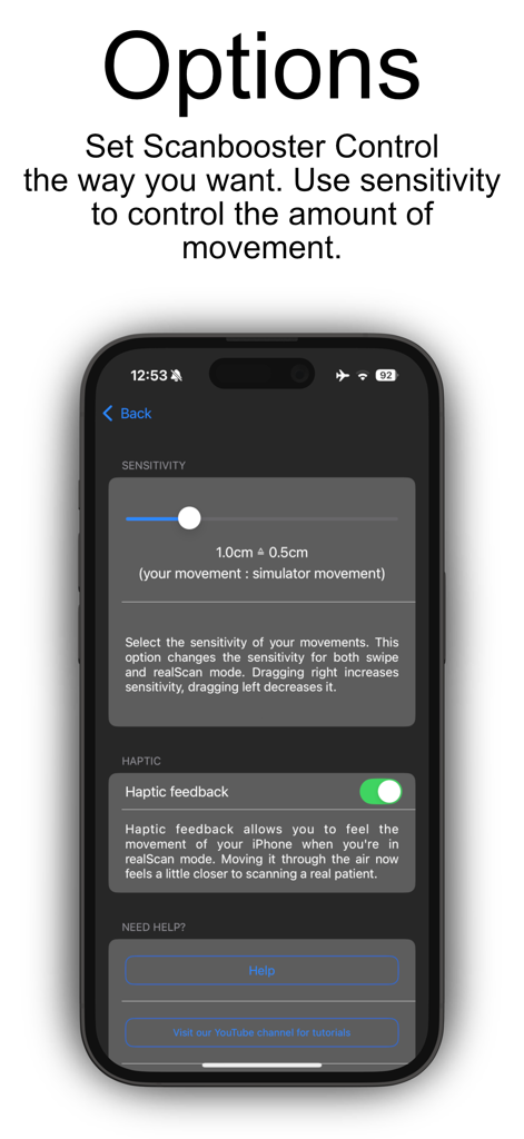 Scanbooster Control sonography - Scanbooster Control app options screen showing sensitivity slider and haptic feedback toggle.