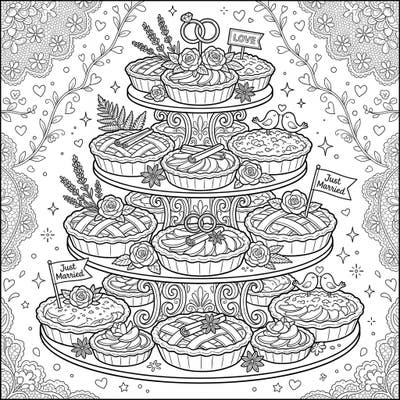 Indulge in the charm of a wedding celebration with this delightful coloring page featuring a tiered stand laden with beautifully decorated apple pies. Discover romantic details like wedding rings, 'LOVE' banners, and delicate floral accents, ready for your artistic touch.