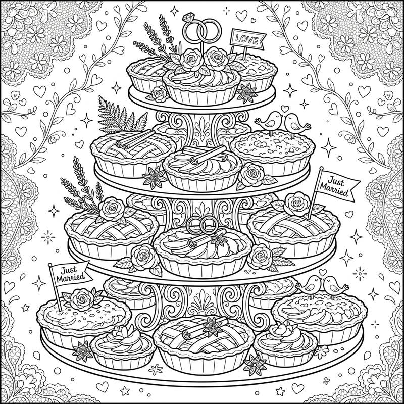 Indulge in the charm of a wedding celebration with this delightful coloring page featuring a tiered stand laden with beautifully decorated apple pies. Discover romantic details like wedding rings, 'LOVE' banners, and delicate floral accents, ready for your artistic touch.