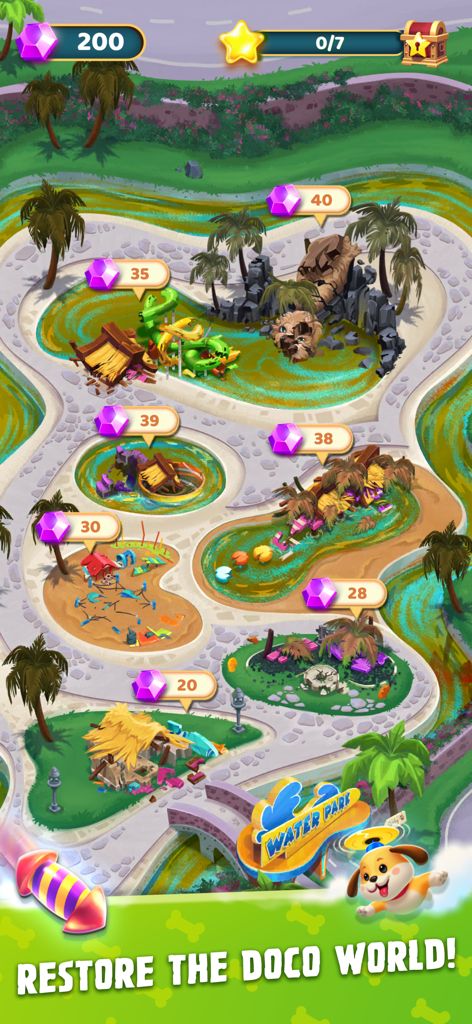 Bubble Shooter King - A bird's-eye view of the damaged water park map in Bubble Shooter King showing areas to restore with gems