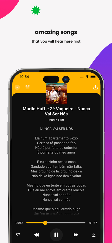 Palco MP3: Music and podcasts - Interface do aplicativo Palco MP3 mostrando um reprodutor de música com letras de uma música brasileira.