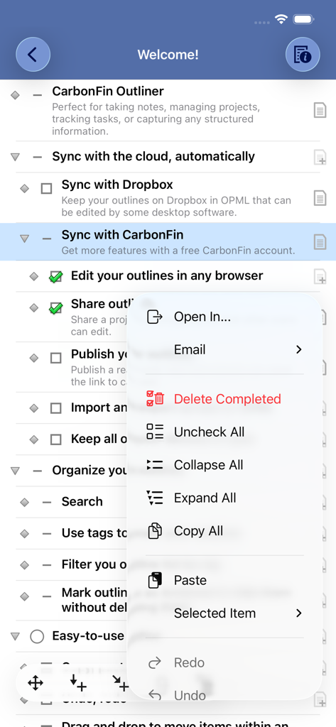 Una lista de tareas jerárquica en la aplicación CarbonFin Outliner con un menú de organización visible