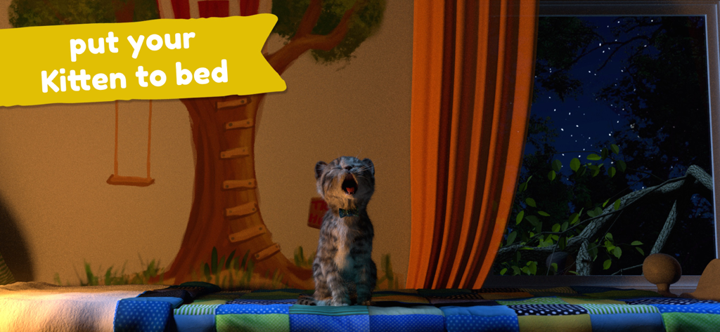 Little Kitten: Virtual Pet Cat - 夜、窓から星空が見える中、カラフルなベッドであくびをしているリアルな3Dの子猫