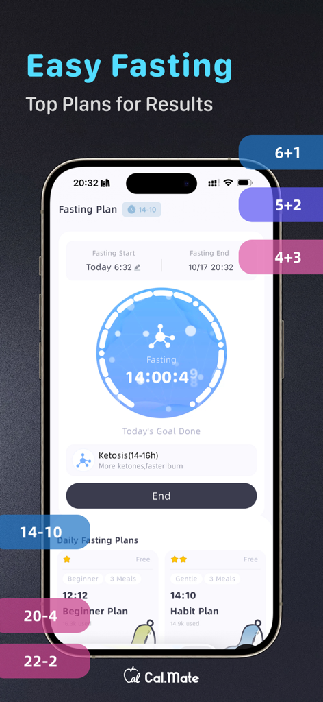 Interfaz de la aplicación CalorieMate mostrando varios planes de ayuno intermitente y un temporizador de cuenta regresiva