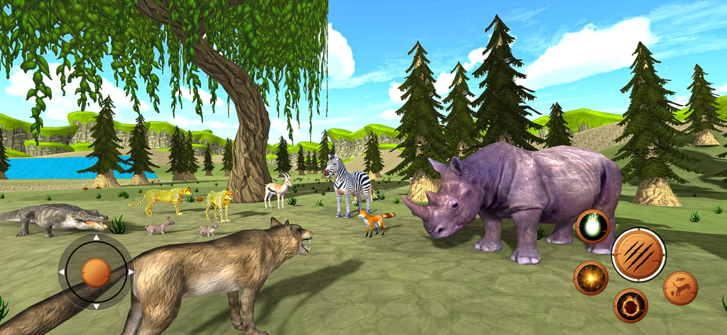 Wild Wolf Games Simulator - Captura de pantalla del juego de un lobo enfrentando a un rinoceronte en un juego simulador de animales de mundo abierto con vida silvestre diversa.