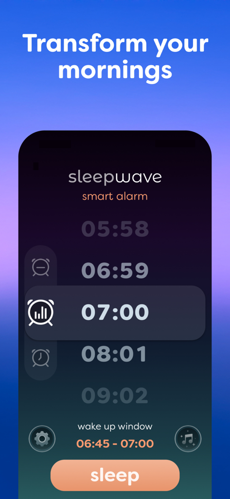 Sleepwave: Alarm & Tracker - The Sleepwave smart alarm interface showing a selected seven AM alarm time and a custom wake up window on a clean minimalist dark background.