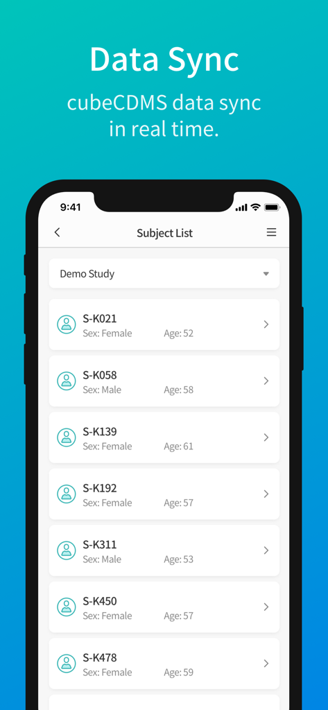 L'interface de liste des sujets de LAB.cubePRO montrant les profils des participants à l'essai clinique et la synchronisation des données en temps réel.