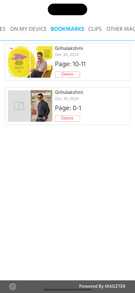 Bookmarks screen in the Grihalakshmi Magazine app showing saved pages and articles from the digital issue.