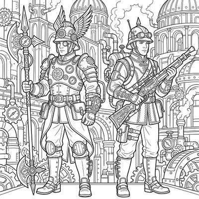 Step into a fantastical realm where duty meets gears with this magnificent Steampunk Palace Guards coloring page. Unleash your creativity as you bring to life these defenders clad in elaborate Victorian-inspired armor and retro-futuristic gadgets.