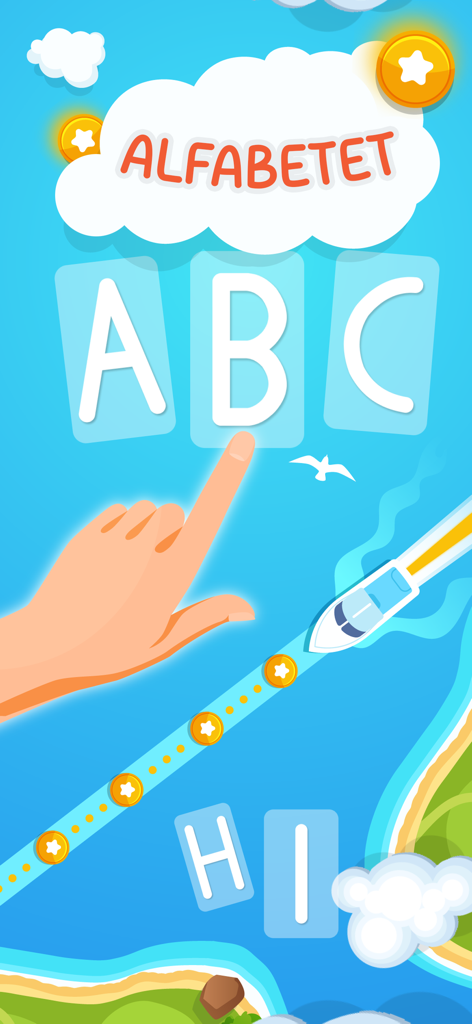 Interface de aplicativo educacional para crianças aprendendo o alfabeto dinamarquês com letras e ícones interativos