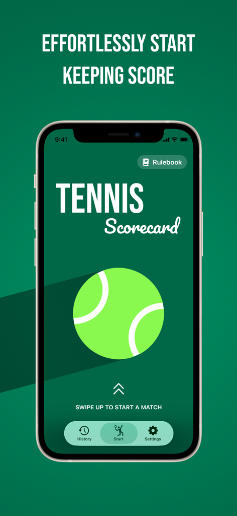 Tennis Scorecard App - Startbildschirm der Tennis Scorecard App mit einem großen Tennisball und einer Anweisung, nach oben zu wischen, um ein Spiel zu starten