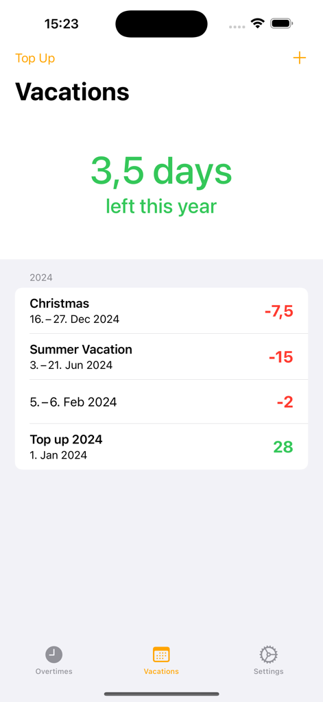 Overtime Tracker app vacations management screen showing remaining days and leave history