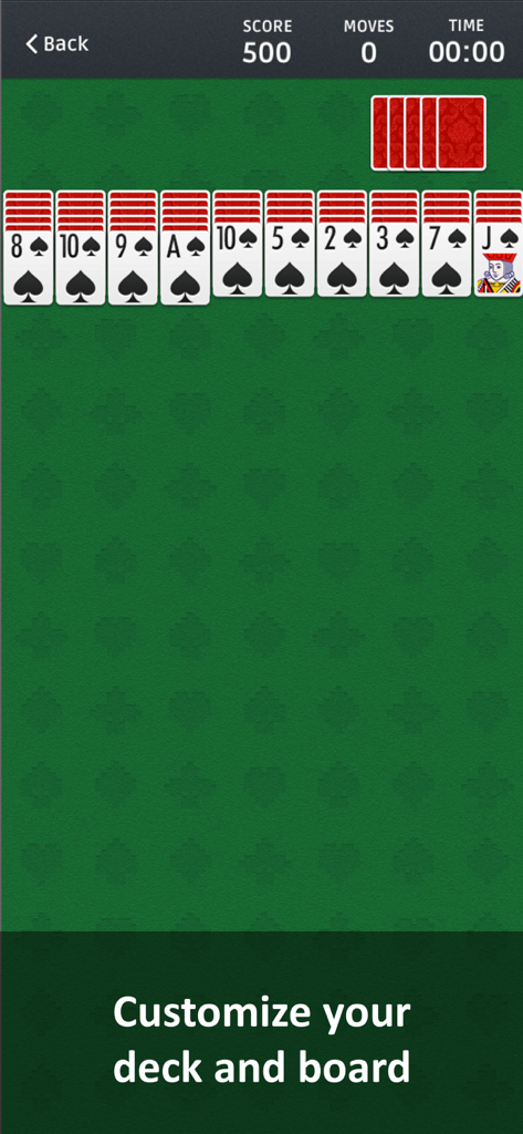 Spider Solitaire ⋄ - 맞춤형 카드 덱과 녹색 보드를 보여주는 스파이더 카드놀이 게임 플레이 화면