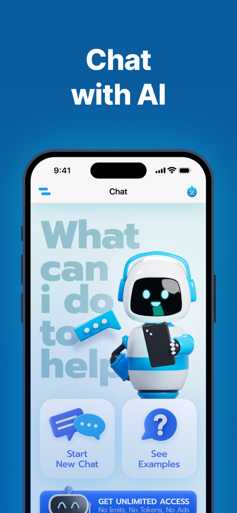 ChatAI Assistant - Chat AI Bot - The main interface of the ChatAI Assistant app featuring a friendly robot character and options to start a new chat.