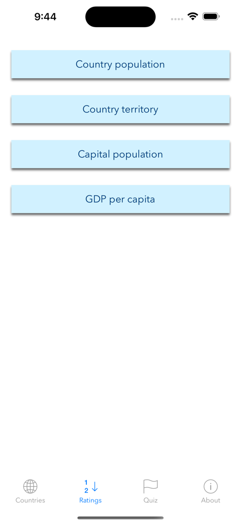Countries! - Interfaz de la aplicación Países que muestra botones para clasificaciones de población, territorio y PIB de países