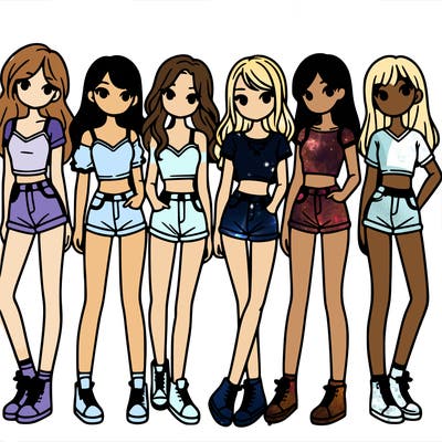 a group of girls wearing crop tops and shorts