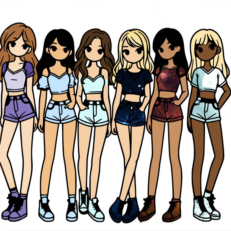 a group of girls wearing crop tops and shorts