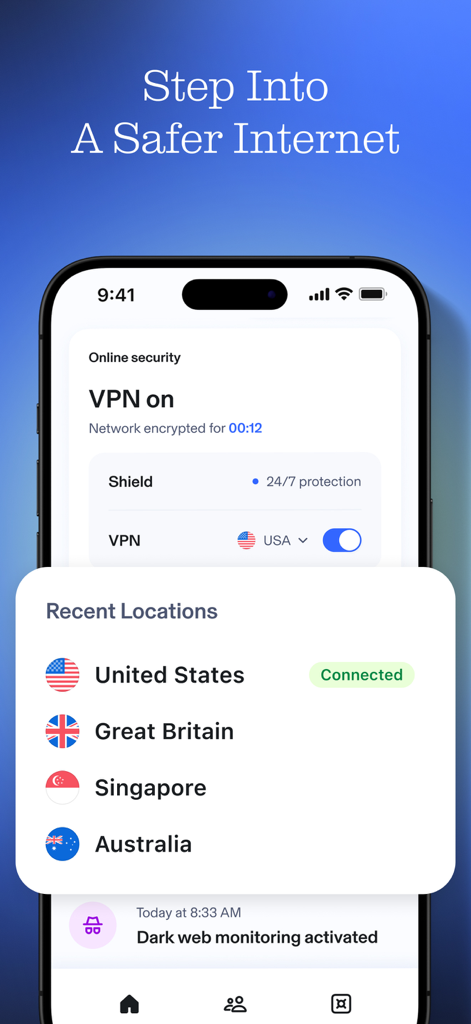 Aura app screenshot showing VPN activation and global server locations for secure internet browsing