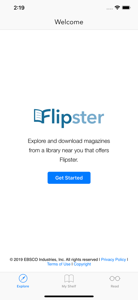 Flipster app welcome screen with a Get Started button and a prompt to explore magazines from local libraries.