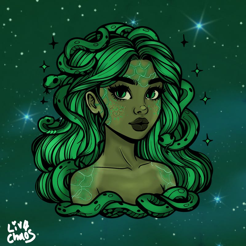 realistic girl with snakes as hair