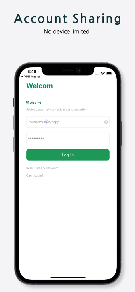 AirVPN-VPN Master WiFi Privacy - AirVPNログイン画面。デバイス制限なしのアカウント共有機能を示しています。