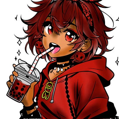 hot baddie anime girl drinking boba and biting the straw