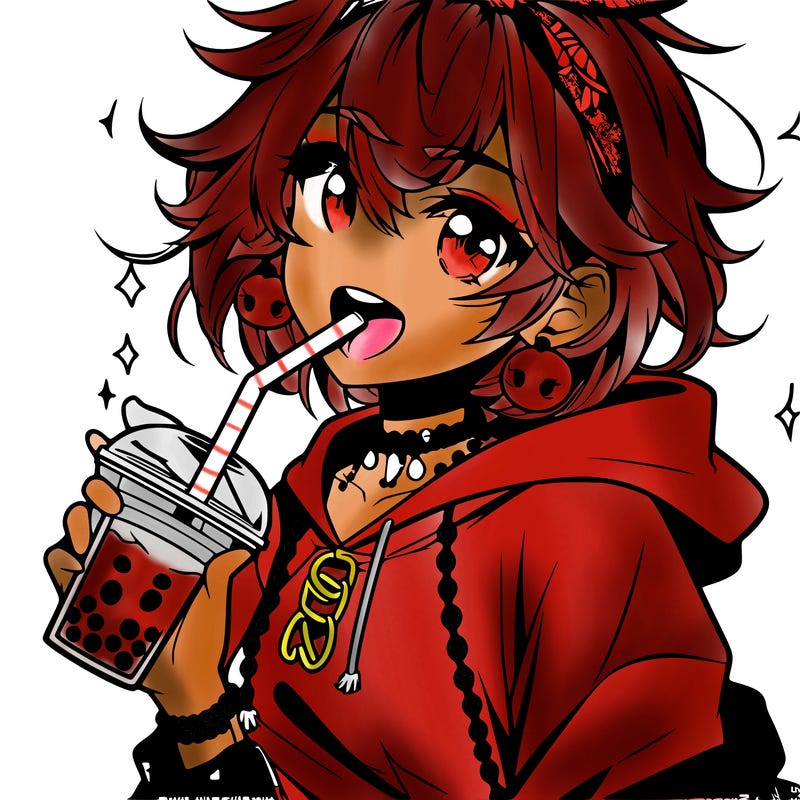 hot baddie anime girl drinking boba and biting the straw