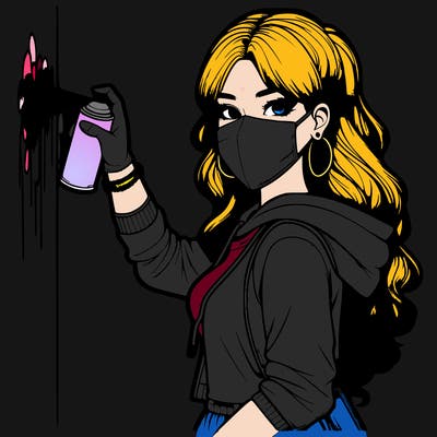 realistic girl with mask spray painting a wall