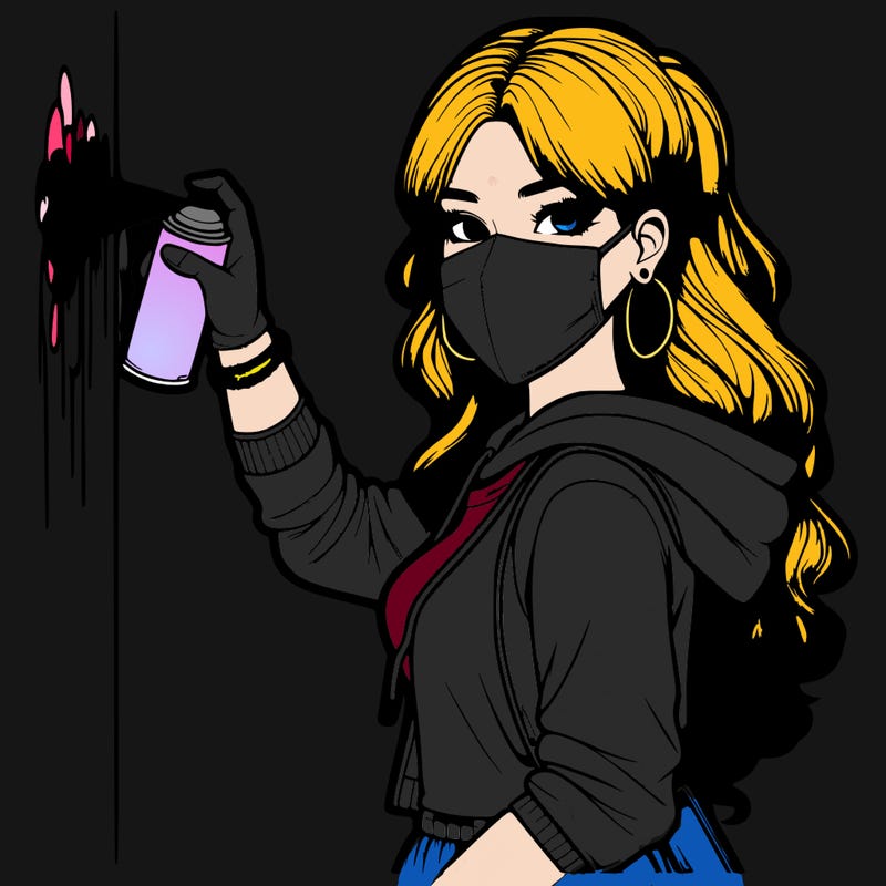 realistic girl with mask spray painting a wall