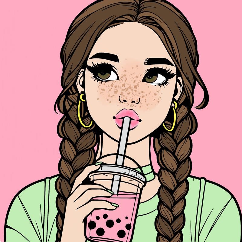 realistic girl with braided hair drinking boba