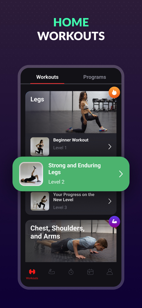 FitHack app interface displaying various home workout programs for legs chest shoulders and arms
