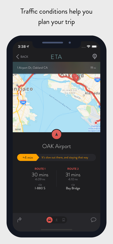 ETA - GPS & maps driving times - Interfaz de la aplicación ETA mostrando tiempos de conducción y condiciones del tráfico para diferentes rutas al Aeropuerto de Oakland