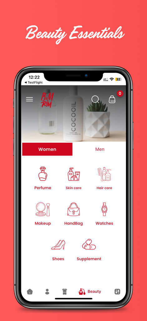 B&M Rim - Interfaz de la aplicación B and M Rim mostrando categorías de artículos esenciales de belleza como perfumes, cuidado de la piel y maquillaje para mujeres