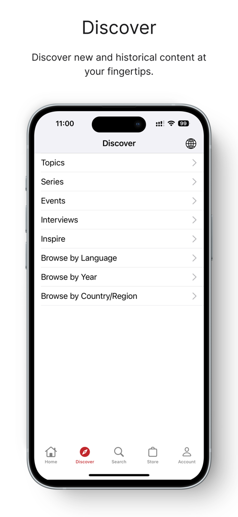 Discover screen of the TimelessToday app showing menu options to browse content by topics series events and interviews