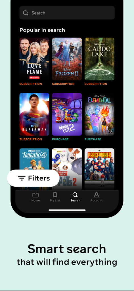MEGOGO: TV, Movies, Audiobooks - メガゴアプリの検索画面。人気の映画とフィルターボタンが表示されています。