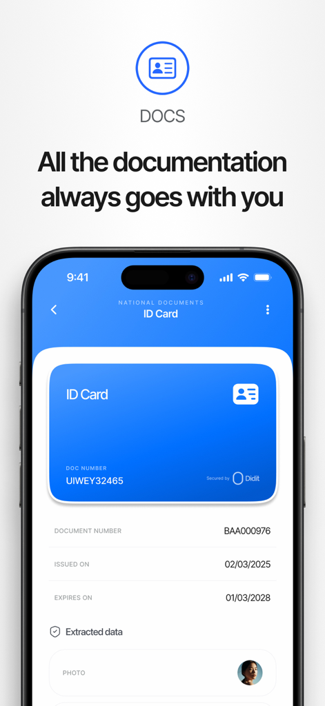 Didit - Didit app interface displaying a digital ID card for secure identity documentation storage
