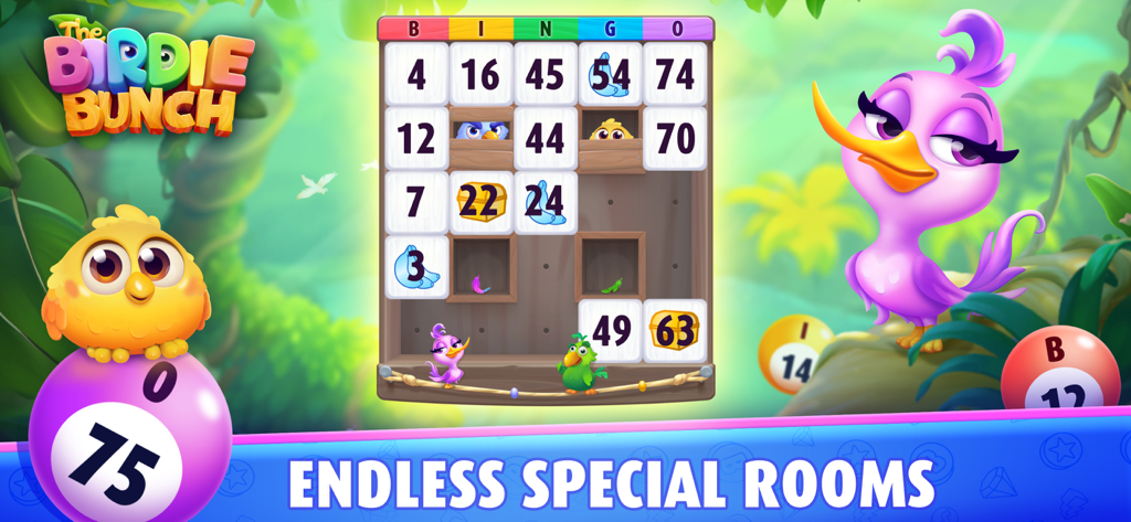 Bingo Blitz™ - BINGO Games - Bingo Blitz-Gameplay, das den speziellen Raum „The Birdie Bunch“ mit tropischen Vögeln und einer Bingo-Karte zeigt