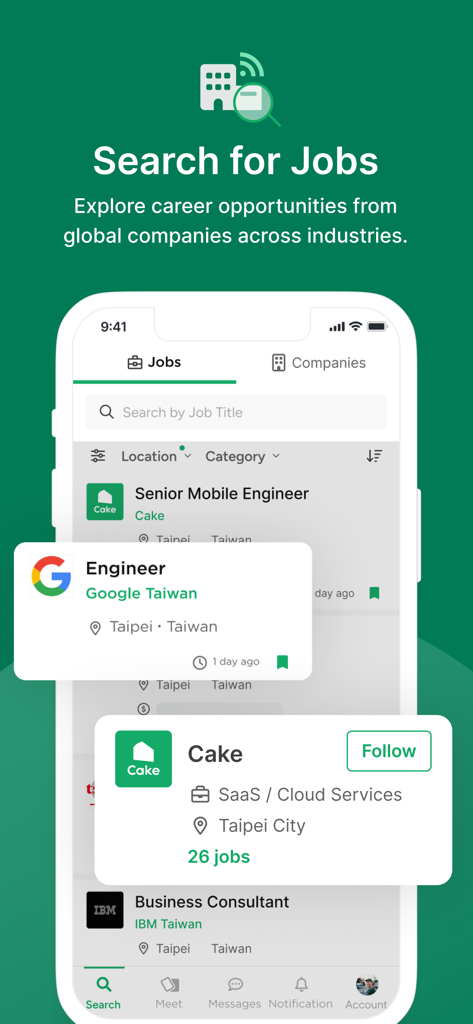 Cake: Job, Resume & Networking - 케이크의 모바일 앱 화면은 Google 및 IBM과 같은 회사의 선임 모바일 엔지니어 및 엔지니어 역할에 대한 구직 목록을 보여줍니다.