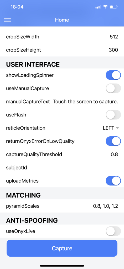 ONYX Touchless Fingerprinting - Configuration settings screen for ONYX Touchless Fingerprinting app including user interface and matching options.
