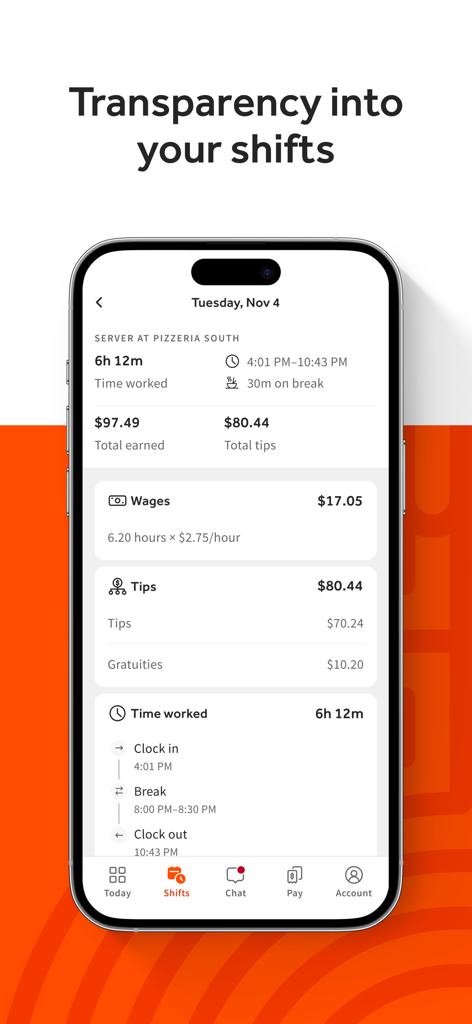 A smartphone screen showing the MyToast app shift summary with detailed wages, tips, and clock-in times for a restaurant server.