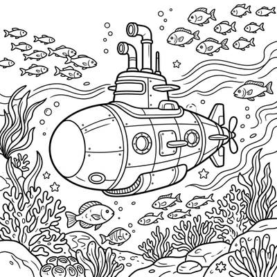 Embark on an exciting underwater journey with this dynamic submarine coloring page, designed especially for creative teens. Discover a vibrant marine ecosystem teeming with fish and intricate coral, ready for your artistic touch.