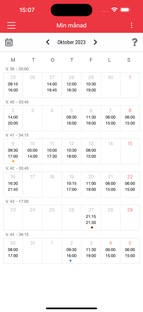 SoftOne GO - Mobile view of SoftOne GO app showing a monthly calendar with employee shifts and weekly work hour summaries
