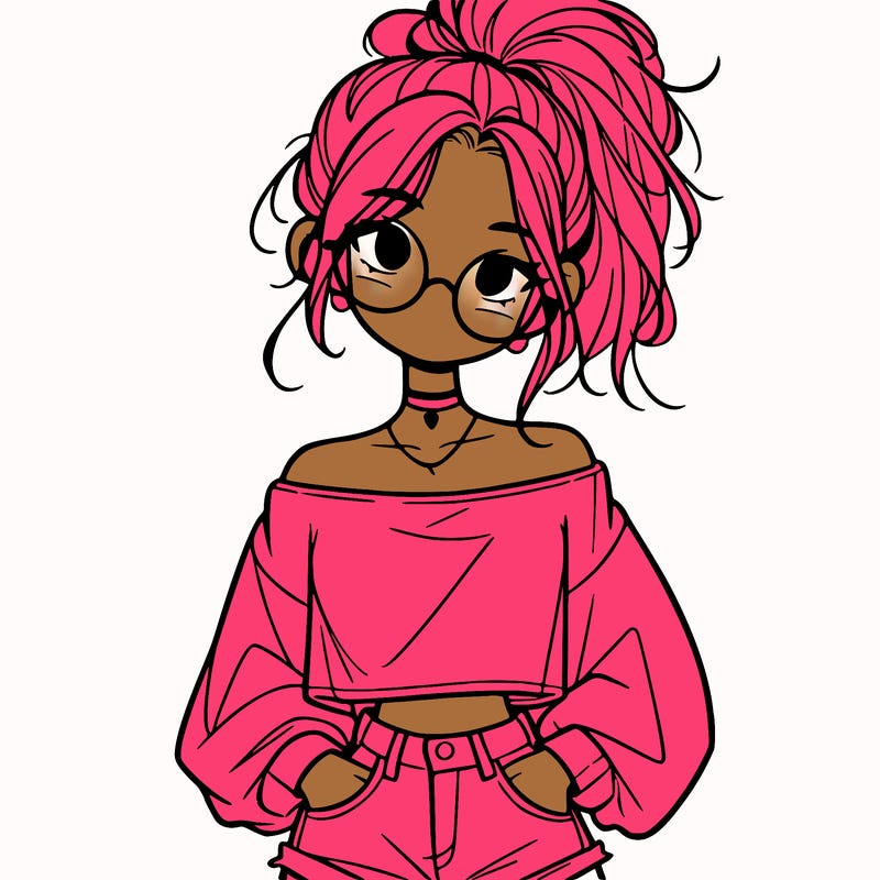 girl with a messy ponytail glasses a baggy crop top and jean shorts