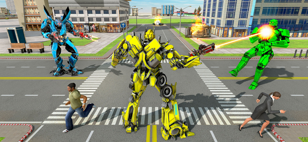 Yellow robot firing laser at green robot in a city street