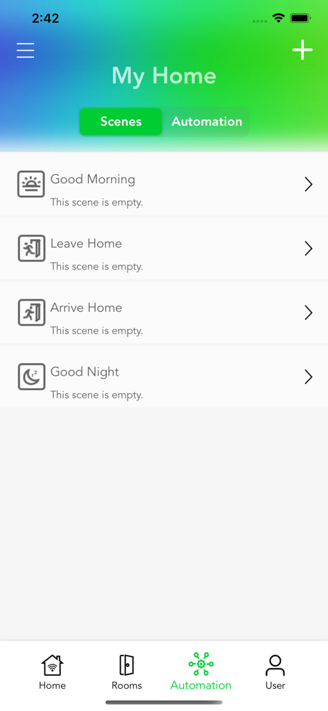 VOCOlinc app interface showing smart home scenes and routines for daily home automation